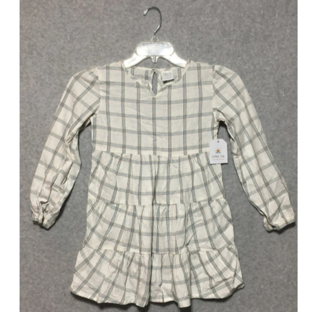 🆕Little Co. By LC Girls Linen Blend Plaid Window Pane Peasant Dress Size 8